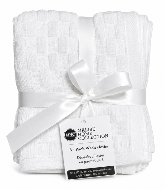 MHC 8-Piece Face Towel Set – 100% Cotton, 550 GSM, 13" x 13", White Solid Washcloths