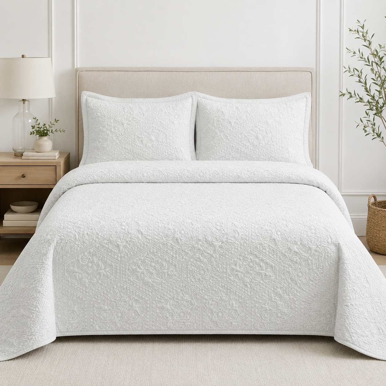Ensemble de couvre-lits en coton Johnson Home, motif hexagonal persan, couleur ivoire