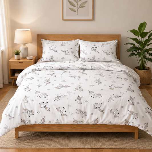HABITAT Twin Duvet Cover – 200 Thread Count Organic Cotton, Black & White Unicorn & Diamond Shiny Stars Print